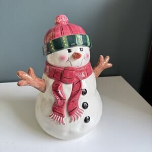Vintage Sakura Snowman Cookie‎ Jar Earthenware Decor Fiddlestix Snowman T5